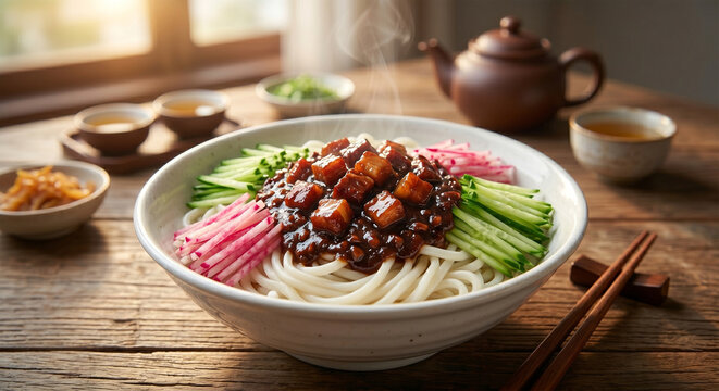 A professional product photograph of Zha Jiang Mian in a deep white ceramic bowl. A thick, dark mahogany fermented soybean paste (炸醬) with visible cubes of fatty pork