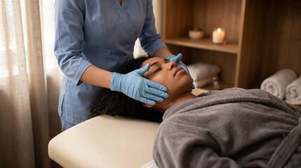 Obraz premium A therapist wearing blue gloves gently massages the face of a relaxed young woman lying on a spa bed.
