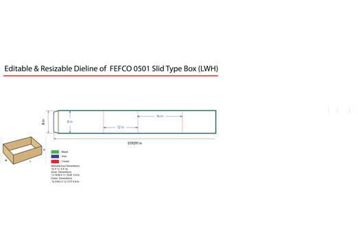 Fefco 0501 sliding box dieline template with dimensions and technical specifications