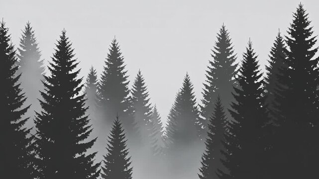 Minimalist Black and White Pine Forest Silhouette with Misty Coniferous Trees in a Foggy Landscape Background