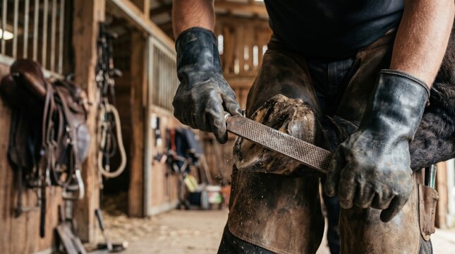 Professional Male Farrier Using Rasp for Routine Equine Hoof Maintenance in Stable