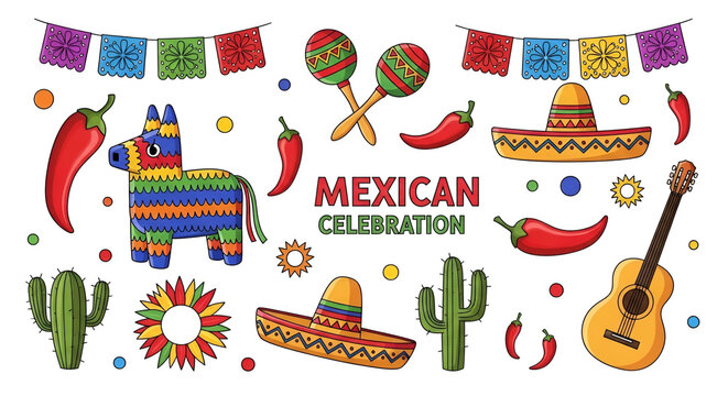 Festive Mexican celebration illustration with sombrero guitar pi?ata and chili peppers