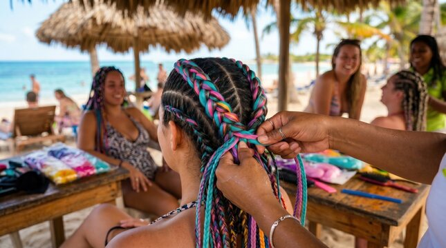 Professional hair braiding service with colorful extensions for tourists on a sunny beach