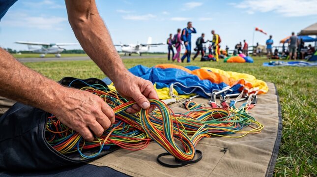 Professional male parachute rigger organizing lines for a skydive on a sunny airfield