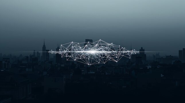 Illuminated network over cityscape in dusk