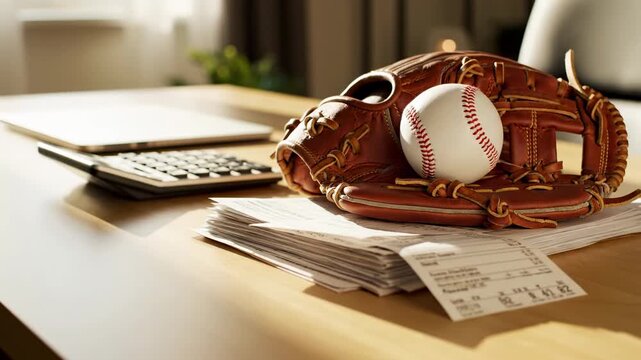 baseball glove and ball resting on stack of receipts and calculator on wooden desk, representing sports finance and business strategy