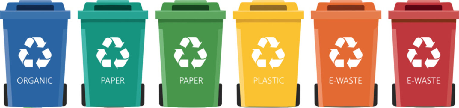"Vector Set of Colorful Recycling Bins for Waste Segregation: Organic, Paper, Plastic, and General Waste Bins"