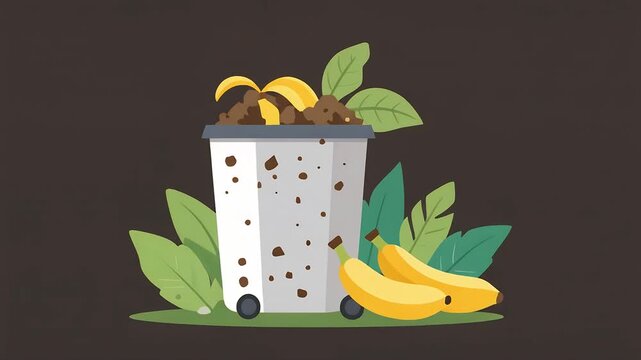 Minimalist Flat Design Illustration of a Sustainable Compost Bin with Organic Waste and Banana Peels for Eco-Friendly Concepts
