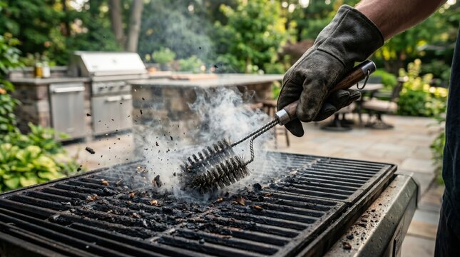 Man wearing heavy duty glove cleaning charred BBQ grill grates with wire brush
