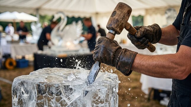 Professional adult male artist performing live ice carving with mallet and chisel at outdoor event