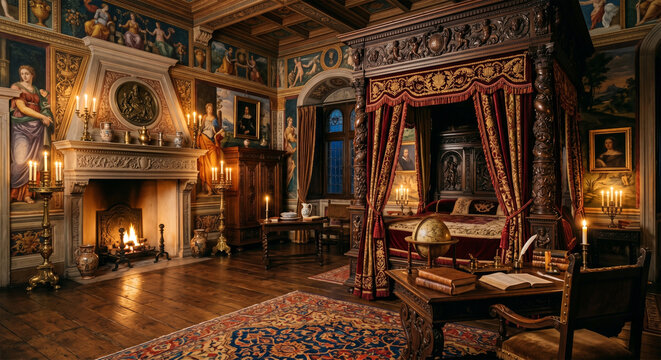 A 16th-century Italian Renaissance bedroom. A massive four-poster bed made of dark carved walnut with heavy brocade velvet curtains. Walls adorned with hand-painted frescoes 
