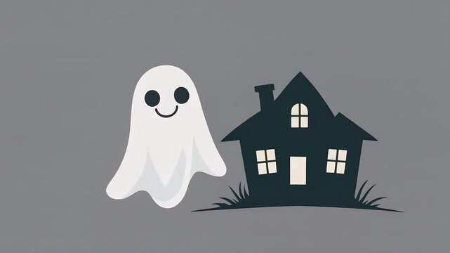 Minimalist Flat Design Halloween Illustration of a Friendly White Ghost Floating Near a Spooky Haunted House Silhouette