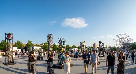 Obraz premium Large outdoor art exhibition featuring abstract metal sculptures and many attendees strolling in a sunny urban setting under a clear blue sky