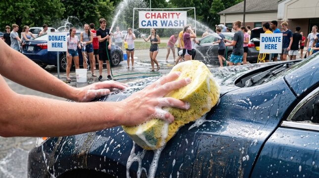 Group of diverse high school students volunteering at a community charity car wash fundraiser