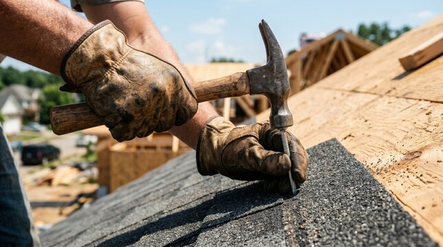 Professional male contractor installing asphalt shingles on a residential house roof