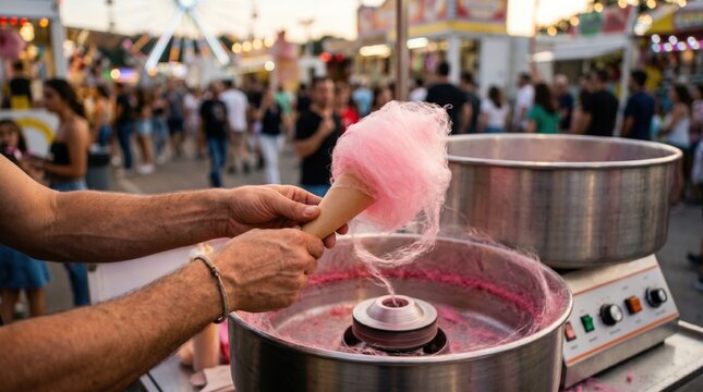 Male vendor making pink cotton candy at a nostalgic summer carnival fairground