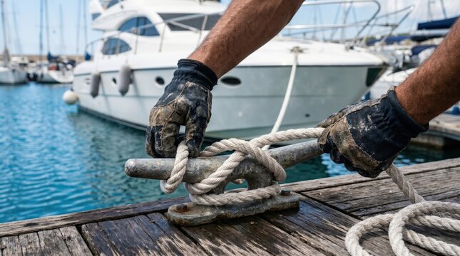 Male deckhand hands in work gloves tying a cleat hitch knot to moor a luxury yacht at a marina dock
