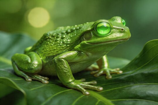 Green frog with glowing eyes on leaf