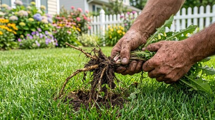 Naklejka premium Senior man pulling dandelion weed with roots from green lawn, organic gardening, manual lawn care