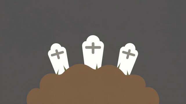 Minimalist Flat Design Cemetery Illustration with Three Stylized Gravestones and Crosses on Dirt Mound