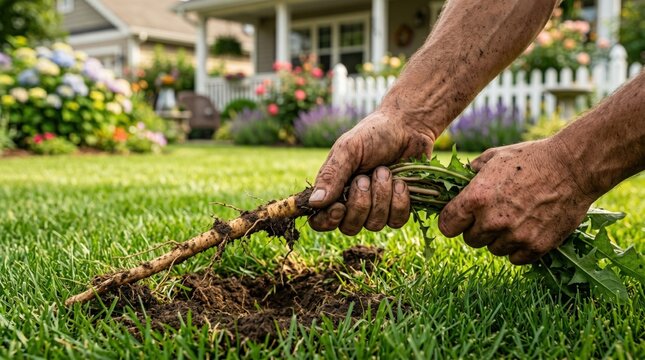 Man pulling large dandelion taproot from green lawn for organic weed control