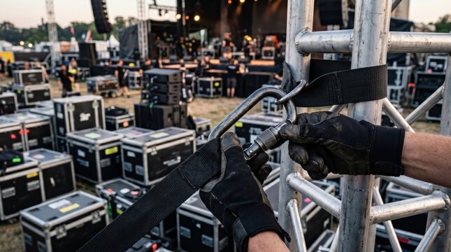 Professional Stagehand Hands in Gloves Rigging Safety Equipment on Metal Truss at Music Festival