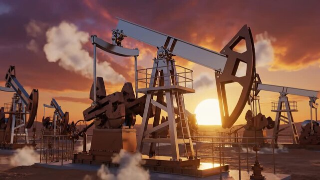 Industrial 3D rendering of petroleum oil pump jacks silhouetted against a dramatic orange sunset sky, representing rising fuel costs, energy extraction, and global commodity market growth.