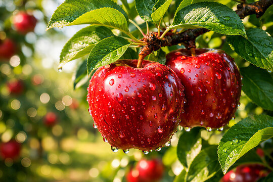 Pair of juicy red apples surrounded by lush green foliage outdoors