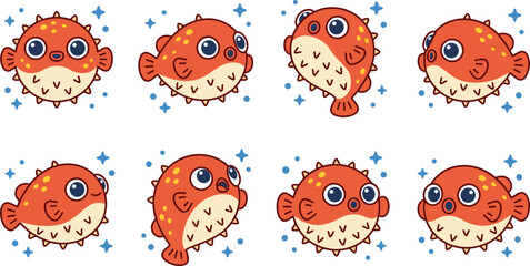 Cute Cartoon Puffer Fish Character Collection with Various Expressions and Poses for Kids Ocean Theme Illustration and Adorable Marine Animal Vector Set © Nurchhana