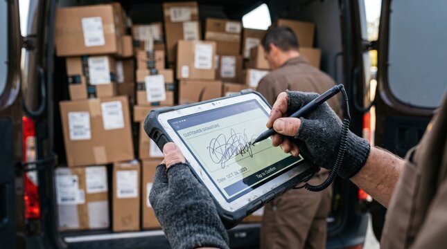 Courier worker using rugged tablet for digital signature proof of delivery at cargo van