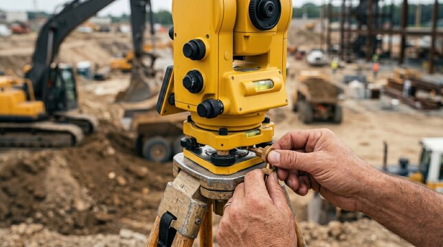 Surveyor hands adjusting yellow total station on tripod at infrastructure construction site.