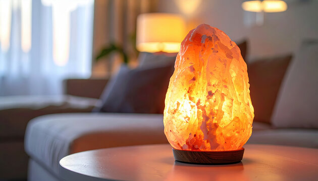 Salt lamp warm light living room home decor ambient lighting wellness biohacking trends glow coffee table near sofa for cozy evening interior with