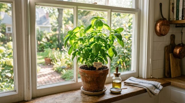 A potted basil plant in a kitchen window with a view of a garden outside.