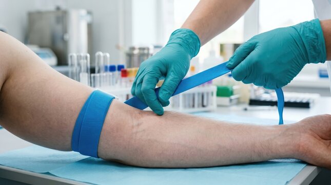 Professional Phlebotomist Applying Tourniquet for Clinical Blood Test and Health Screening
