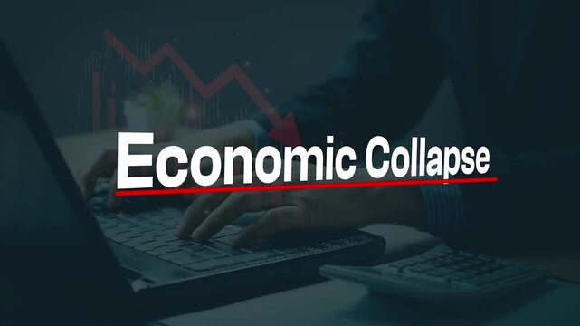 Economic Collapse: A stark visual representation of financial downturn, with a downward trending arrow superimposed over a person working on laptop.