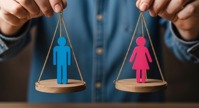 Gender Equality Scales: Blue Man and Pink Woman Figures Balanced on Weighing Scales