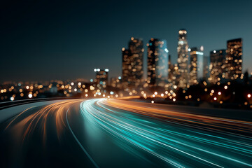 Fototapeta premium City Lights Trail: Capture the dynamic essence of a modern city at night with vibrant light trails streaming across a blurred highway, converging towards a shimmering cityscape. 