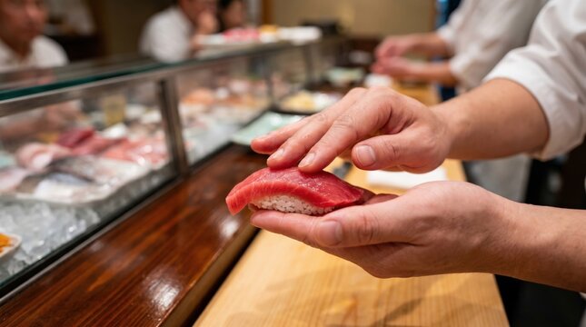 Professional Japanese Chef Hands Preparing Authentic Tuna Nigiri Sushi for Omakase Dining Experience