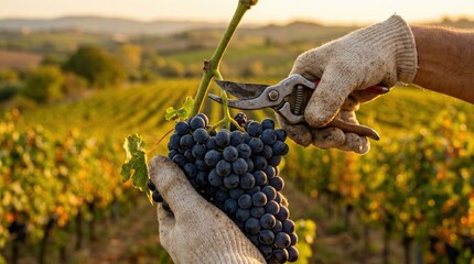 Naklejka premium Artisanal worker harvesting organic red grapes in a sustainable family vineyard at sunset.
