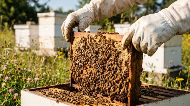 Professional apiarist inspecting a beehive frame covered in honey bees during a sunny day in a rural field
