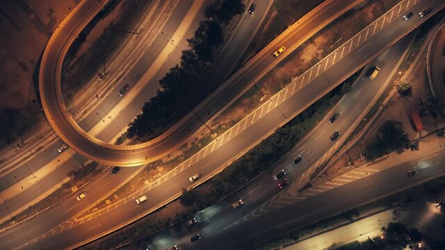 Stunning aerial top down view of a complex highway interchange with cars driving on illuminated roads and overpasses at night, showcasing modern urban infrastructure and traffic flow