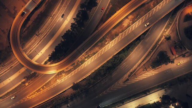 Intricate aerial perspective of a major highway interchange at night, with streams of car headlights illuminating the complex network of overpasses, ramps, and multi-lane roads