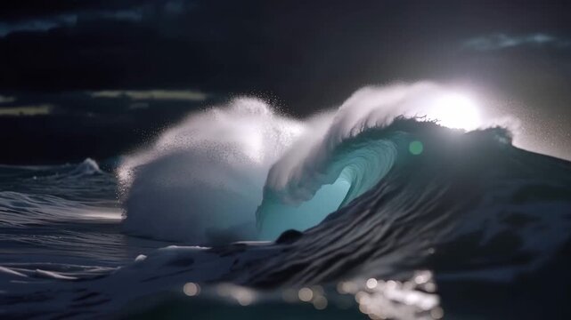 Majestic ocean waves crash in moonlit sequence showcasing dynamic seascape movement