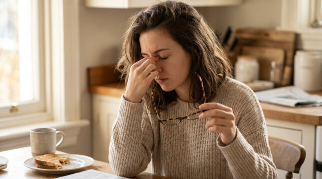 Close-up of a tired woman pinching her nose while holding eyeglasses, soft morning light and cozy home setting, fatigue concept.
