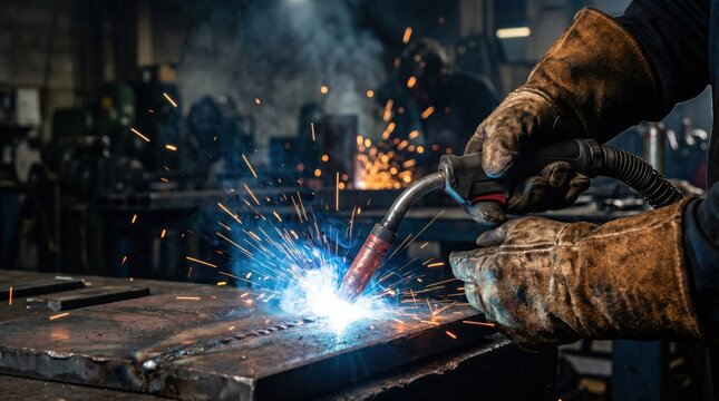 Close up of industrial welder hands in leather gloves performing MIG welding on metal plate