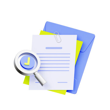 3D illustration of folders with document and checkmark magnifier for document verification, compliance audit, legal review, official authorization, contract approval, and due diligence.