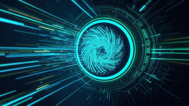 Futuristic cyan digital vortex circular interface with neon data vortex portal and radial streams