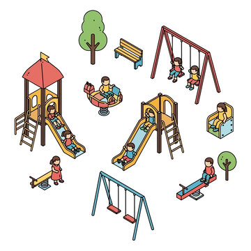 Children playing on colorful playground equipment.