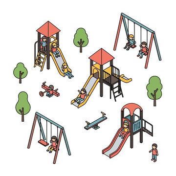 Children playing on colorful playground equipment.