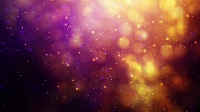 Defocused abstract background displays vibrant purple and gold bokeh lights, with glittering particles creating a magical and festive atmosphere